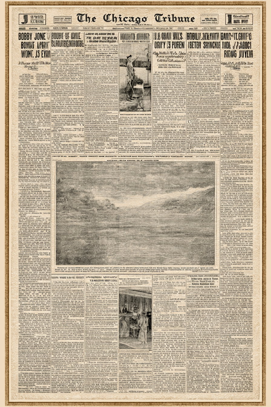 Old newspaper page titled The Chicago Tribune with multiple columns of text and black and white illustrations