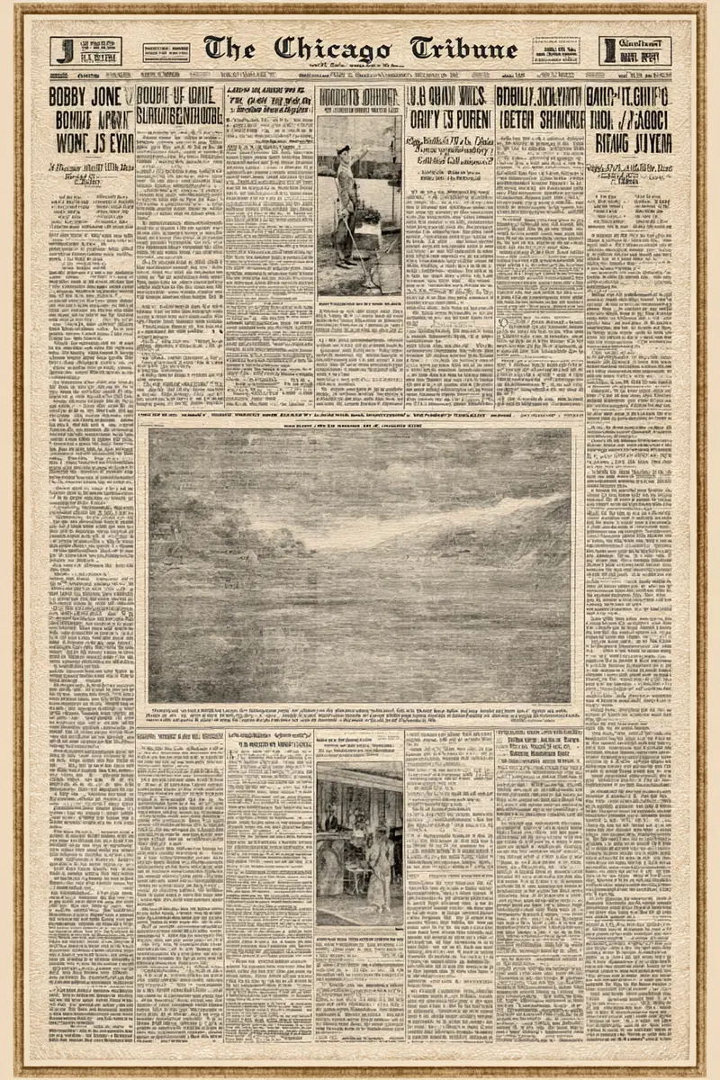 Vintage Chicago Tribune newspaper page with historic articles and illustrations
