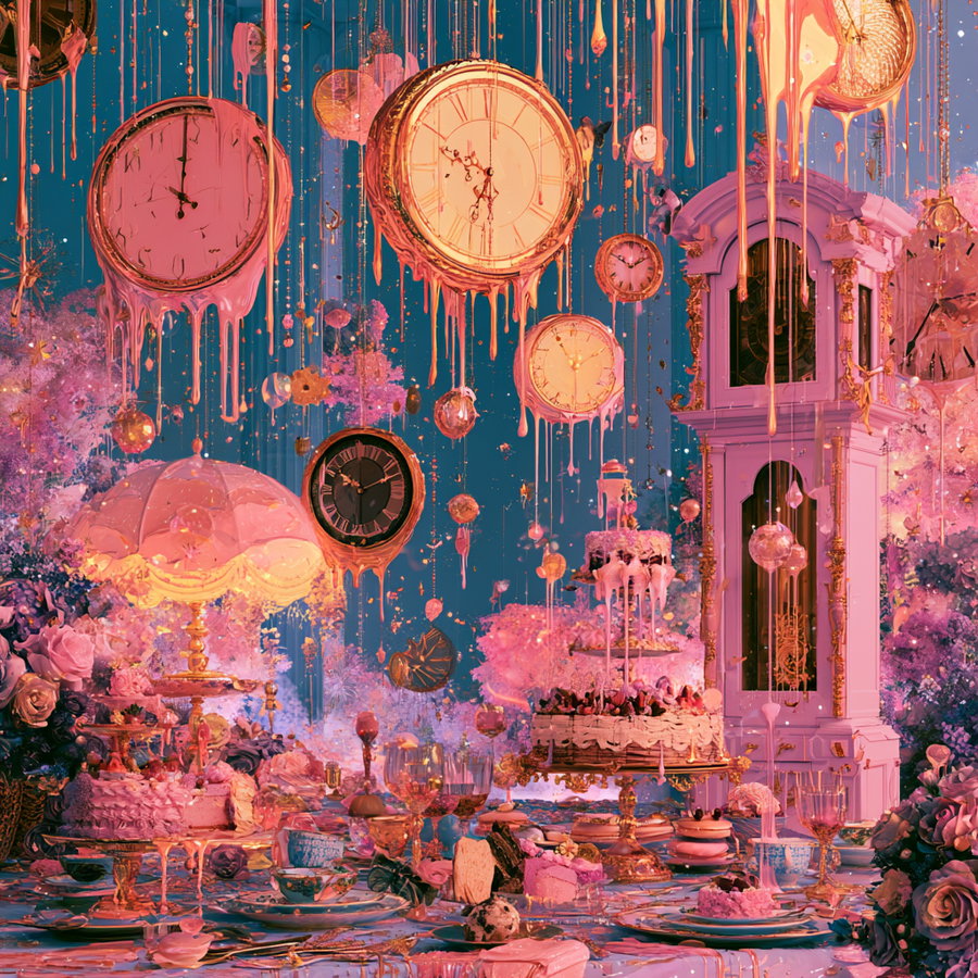 Surreal scene with numerous melting clocks hanging, a large ornate clock, lavish cakes and pastries on a table, vintage lamp, roses, and glassware with a purple and pink color scheme