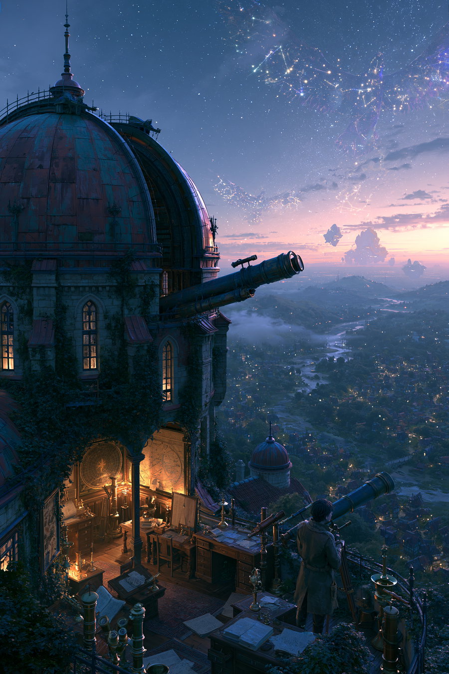A detailed scene of a large observatory with multiple telescopes and an astronomer overlooking a vast cityscape under a starry sky with constellation patterns.