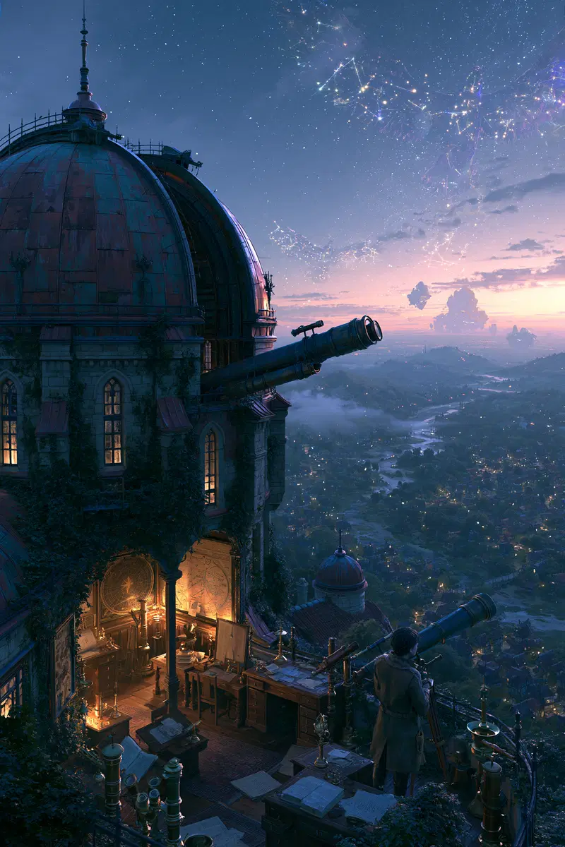 Mystical observatory with an astronomer using telescopes at dusk