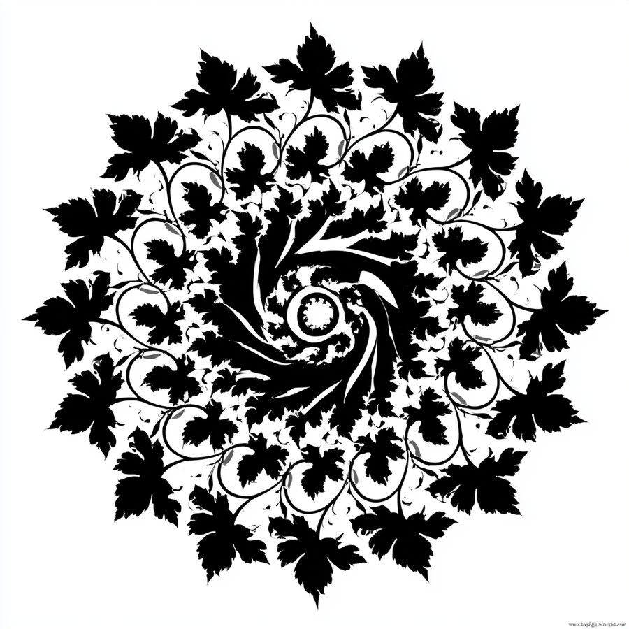 Black silhouette of maple leaves arranged in a detailed spiral pattern on a white background