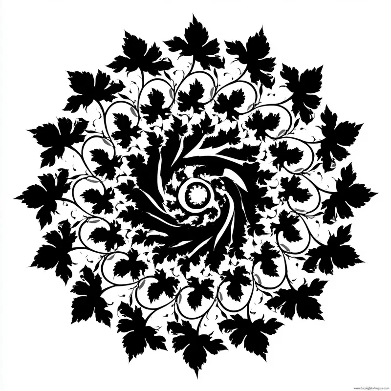 Ornate black and white botanical spiral design featuring maple leaves