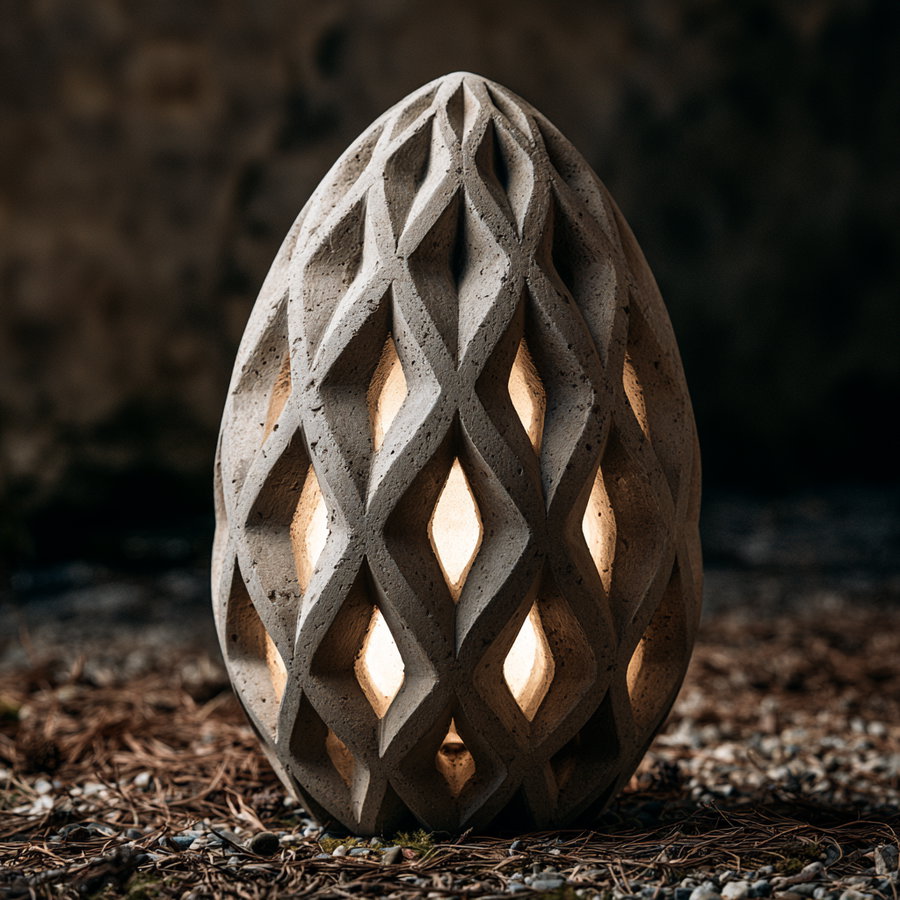 A stone sculpture shaped like an egg with diamond-shaped cutouts illuminated from the inside, placed on a ground covered with pine needles and small stones.