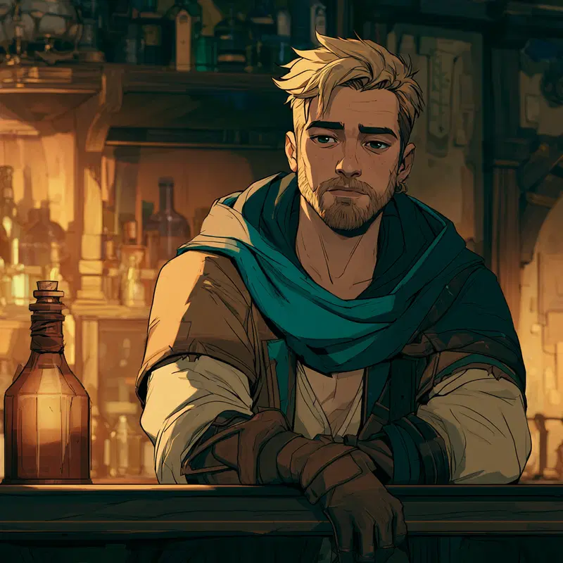 Detailed digital character design of a contemplative man in a tavern setting