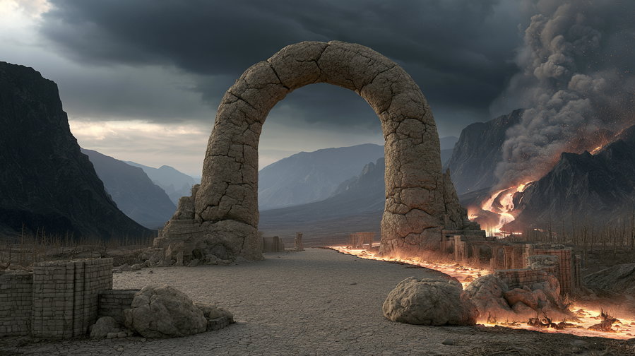 A cracked, ancient stone arch stands on a dry cracked ground with volcanic lava flowing nearby and dark smoke rising, surrounded by barren rocky mountains.