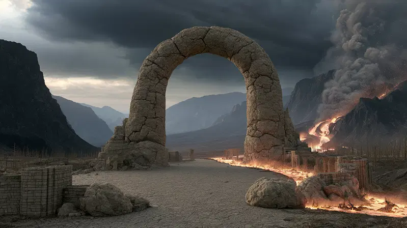 Concept art depicting a large stone arch amid volcanic eruption and desolate landscape