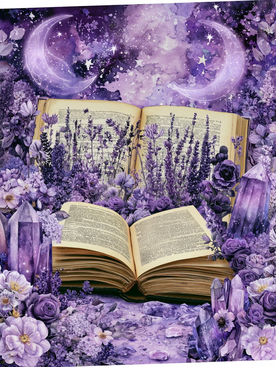 Open antique books surrounded by purple flowers, lavender, crystals, and a starry night sky with crescent moons