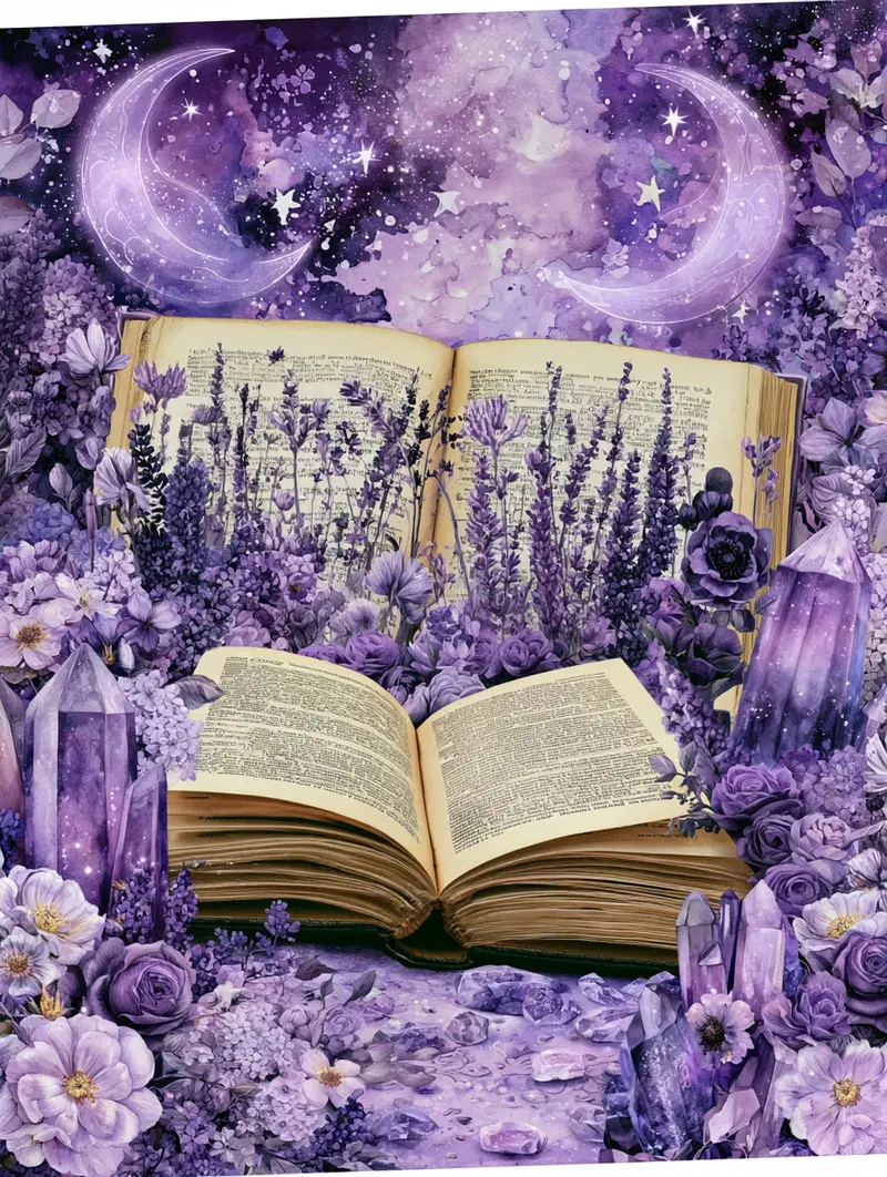 Surreal purple floral and crystal arrangement with open antique books and celestial sky