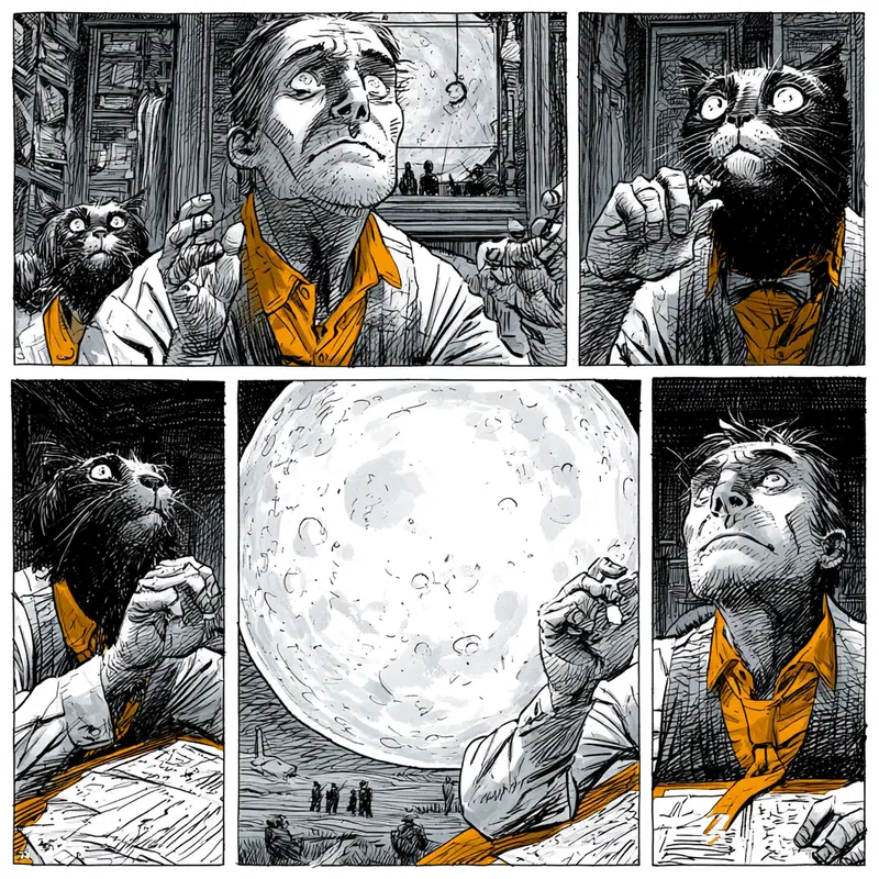 Black and white graphic novel panels featuring a man and a cat with an exaggerated moon