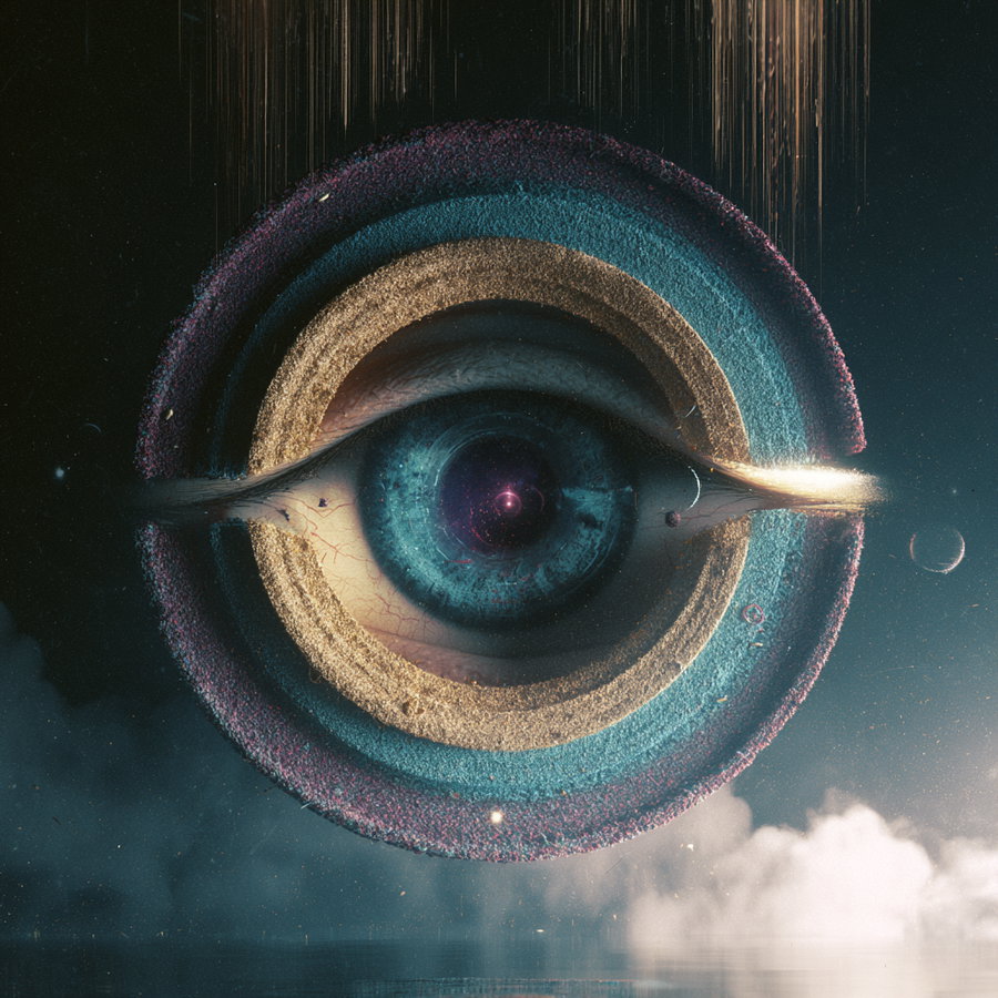 A close-up of a surreal blue eye at the center with concentric textured rings in blue, gold, and purple colors surrounded by small cosmic objects, smoke, and dark background
