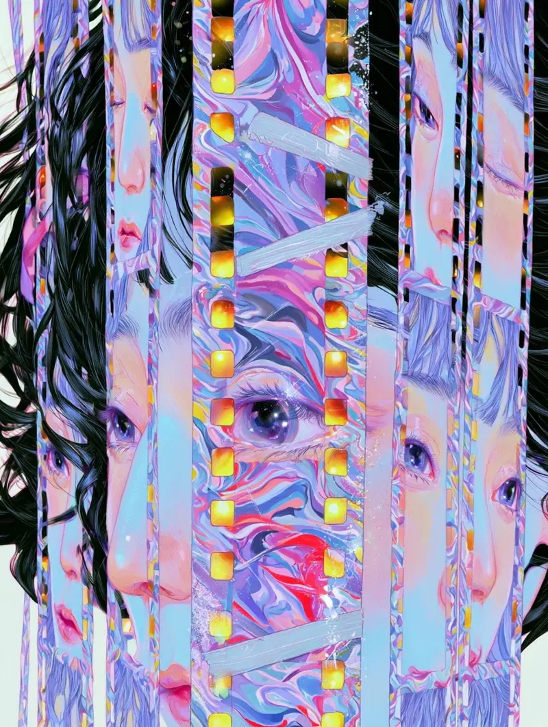 Surreal portrait featuring layered film strips and vivid colorful patterns