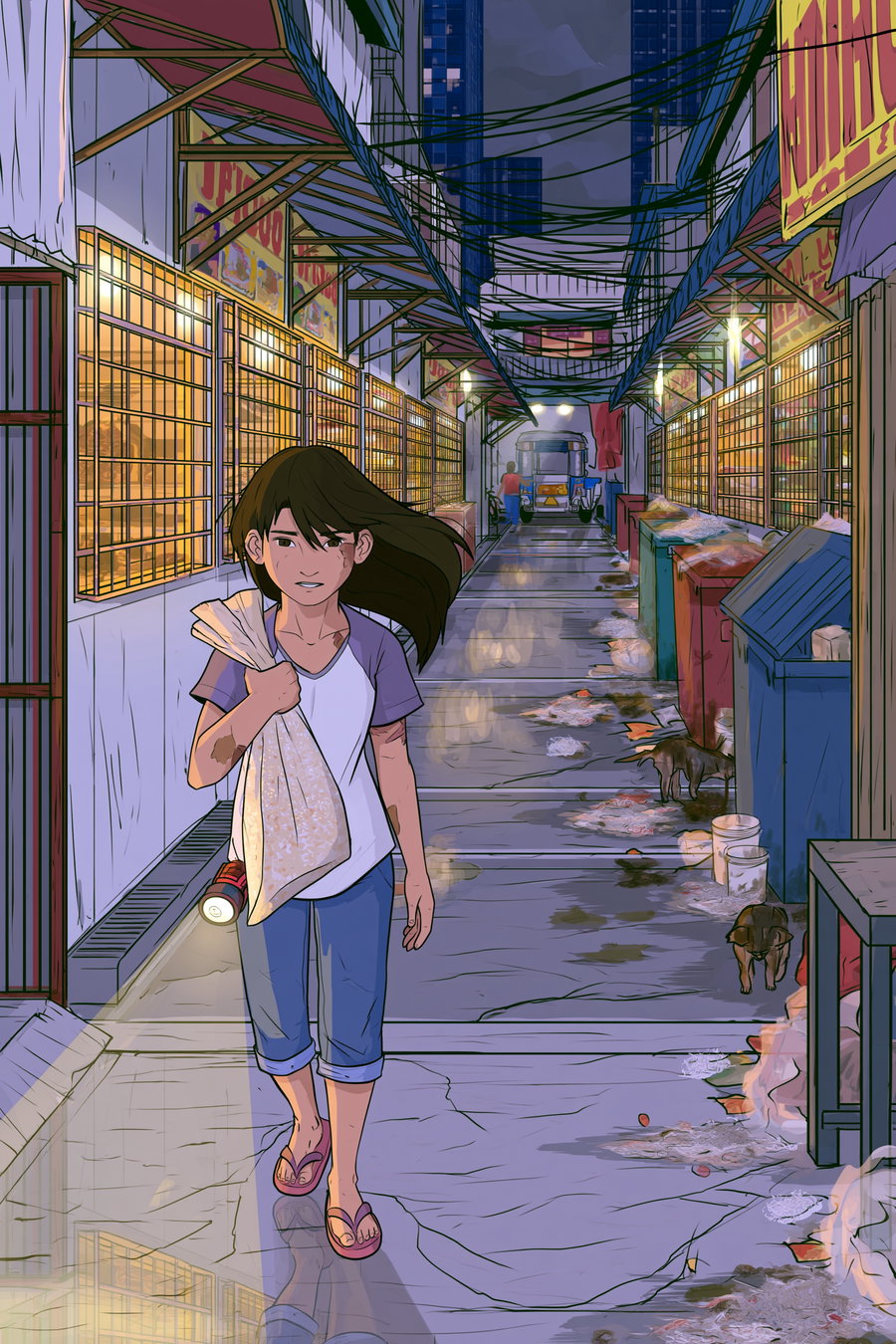 A digital illustration showing a girl with dark hair in casual clothes walking in an alley with wet ground, trash on the sides, two dogs, warm glowing lights from windows, and a vehicle in the background.
