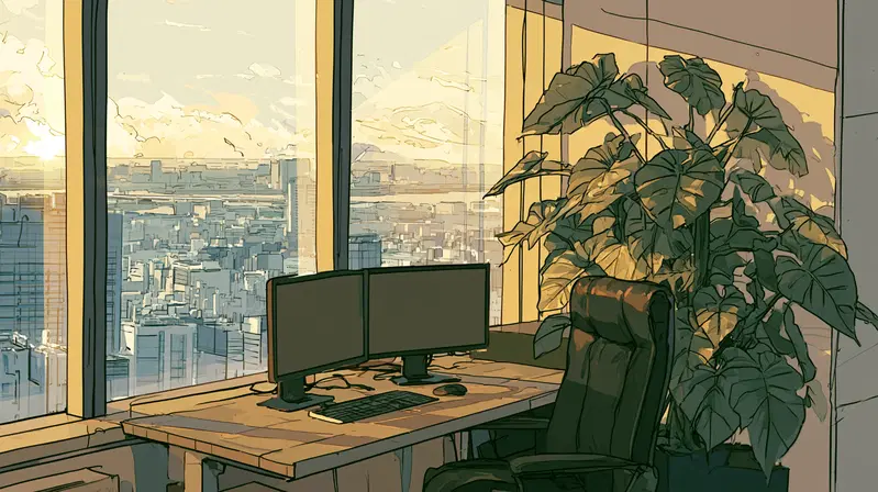 Digital painting of a modern office interior with a cityscape view