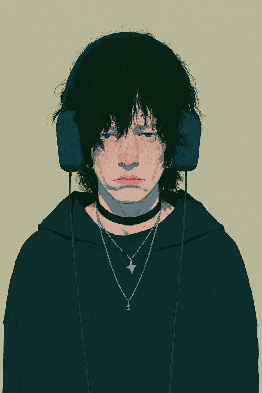 Portrait illustration of a young individual with messy black hair wearing large headphones, a dark choker, two necklaces, and a dark hoodie, set against a plain beige background