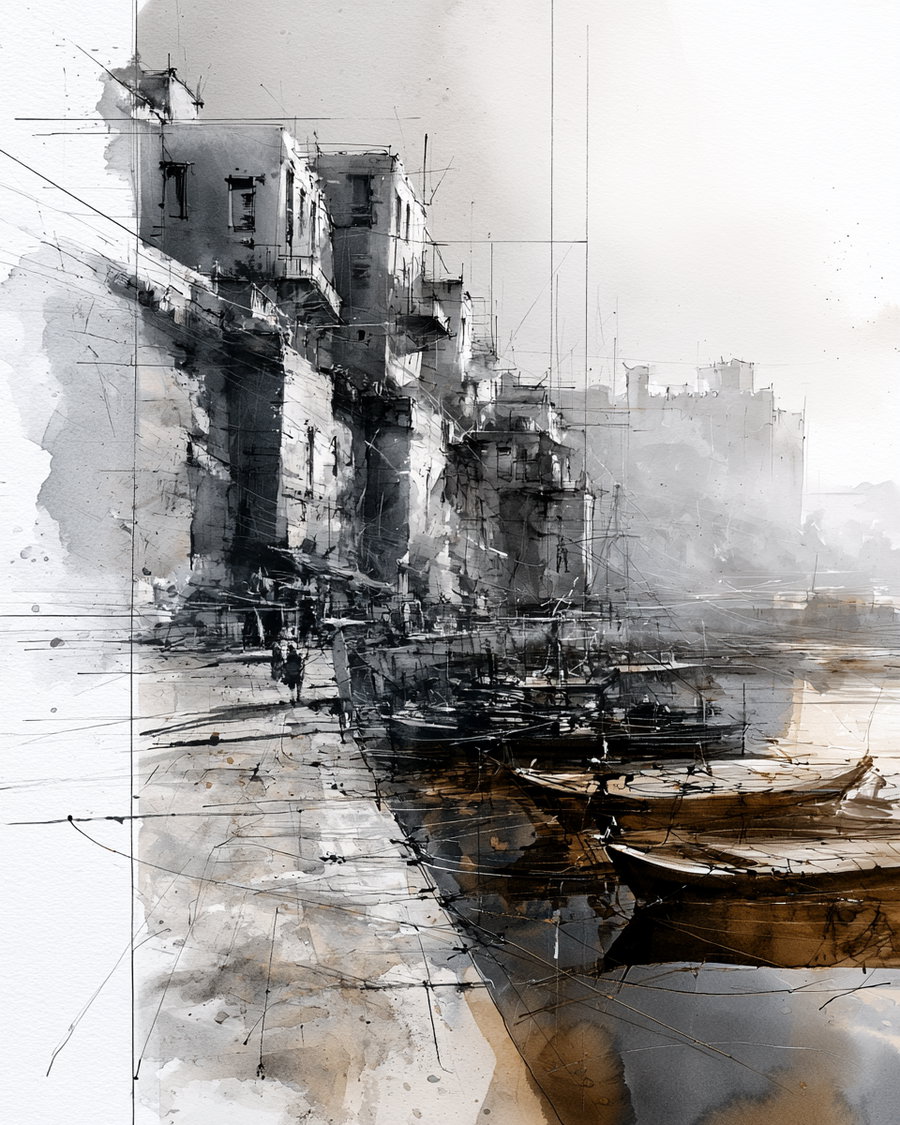 A detailed ink drawing depicting an urban coastal scene with buildings alongside a waterfront and several wooden boats moored on the water.
