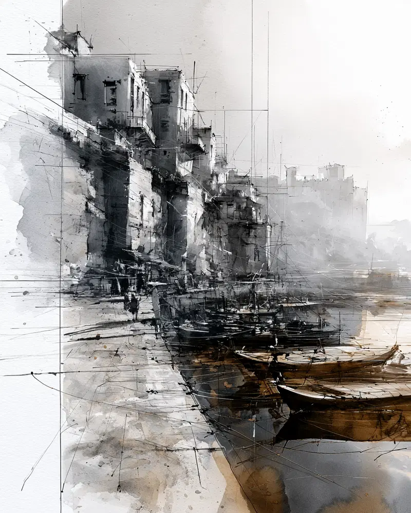 Ink Drawing of a Coastal Scene with Buildings and Boats on Water