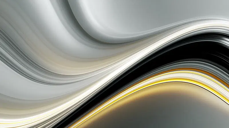 Abstract painting featuring smooth, flowing waves with shades of gray and yellow