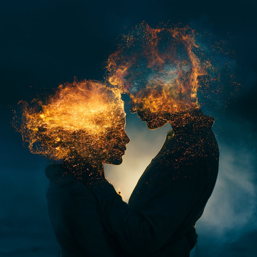 A digital illustration showing silhouettes of a man and woman facing each other and embracing, their heads depicted as glowing, fiery bursts of light and sparks against a dark background
