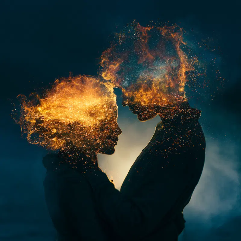 Digital art illustration of a couple with fiery glowing heads embracing