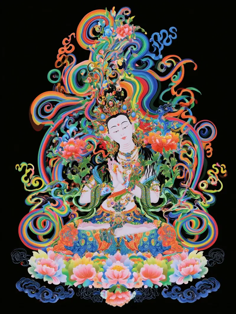 Colorful traditional Chinese deity with lotus flowers and swirling motifs