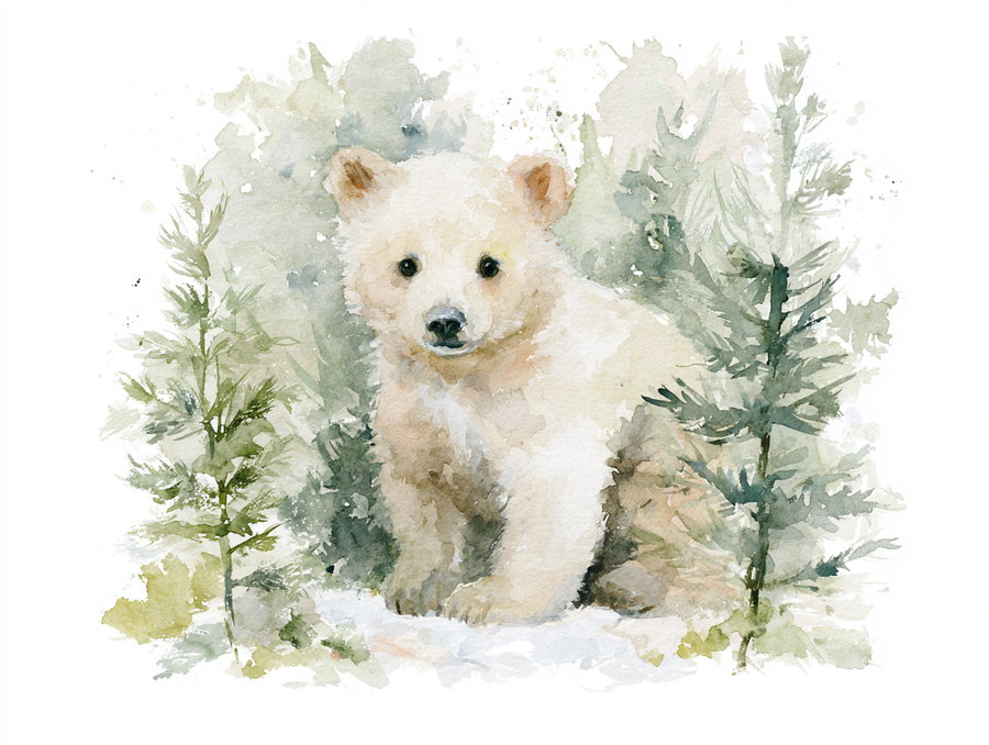 A watercolor painting depicting a light brown bear cub sitting among green pine trees with a snow-covered ground background