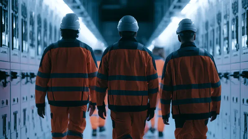 Industrial workers walking through a corridor with control panels