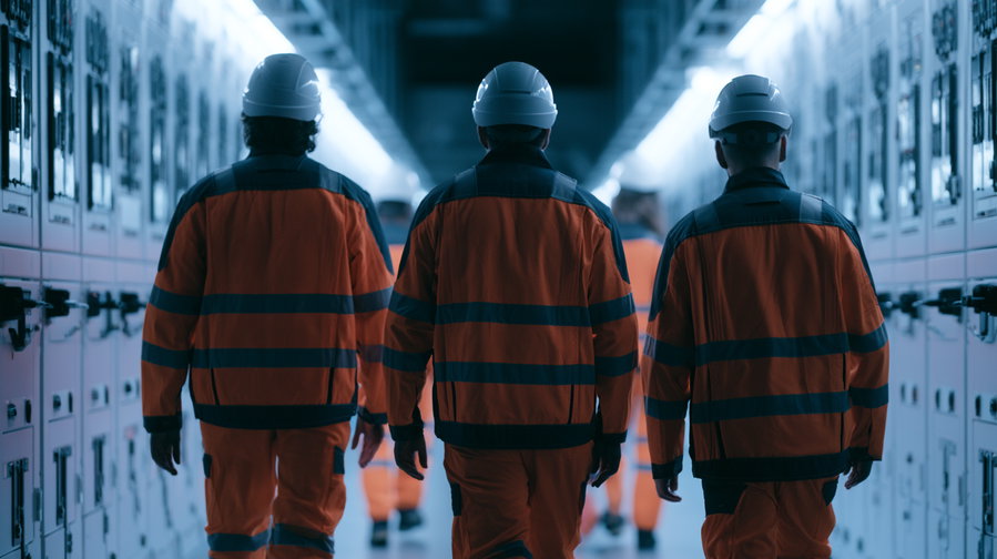 Three workers in orange reflective safety clothing and helmets walking down a corridor lined with electrical control panels on both sides