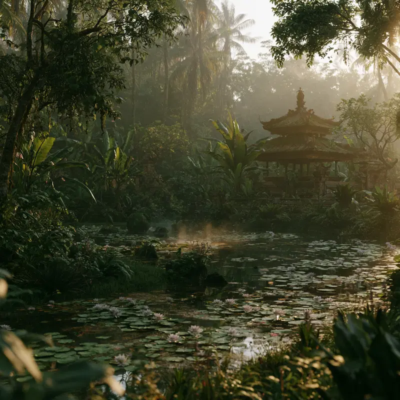 Serene tropical garden with traditional pavilion and lily pond at dawn