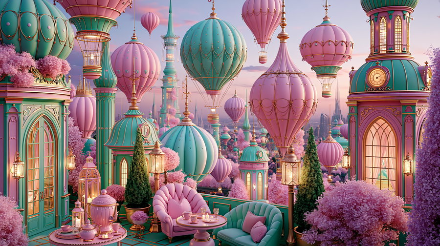 A fantasy architectural scene showing an ornate garden terrace with pastel-colored hot air balloons in the sky, gold-trimmed lanterns, pink flowering trees, and elaborate teal and pink buildings