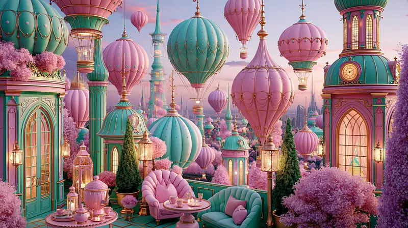 Surreal architectural visualization with pastel hot air balloons and fantasy garden terrace