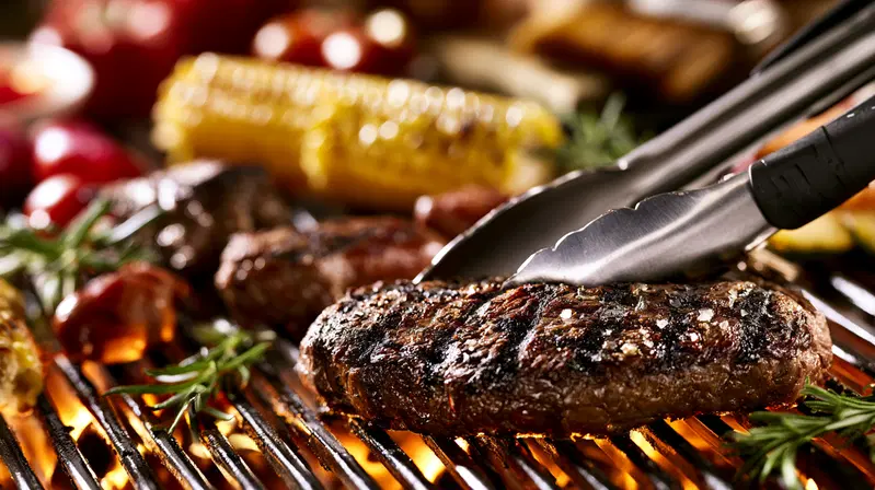 Grilled steak and vegetables cooking on barbecue grill with tongs