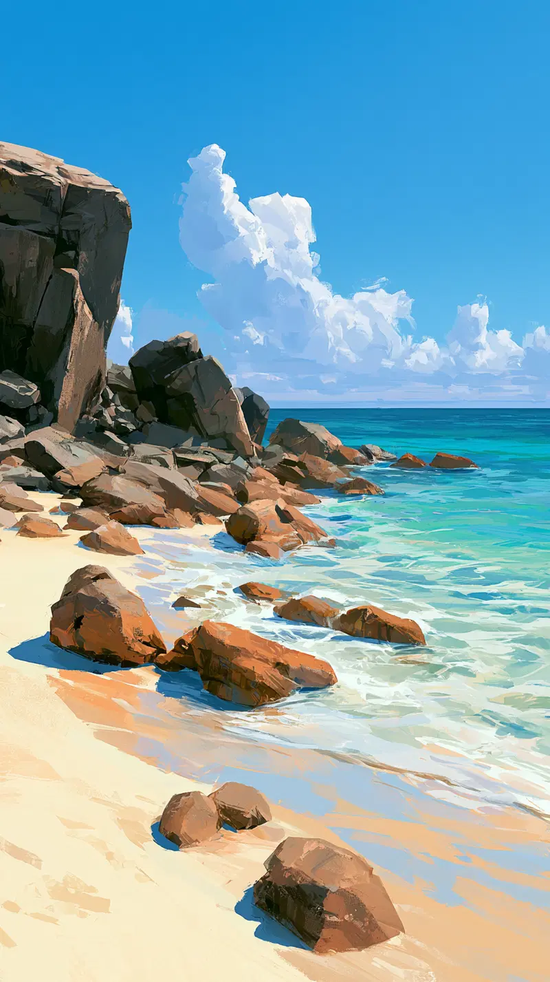 Seascape Landscape Painting of Rocky Shoreline Under Blue Sky