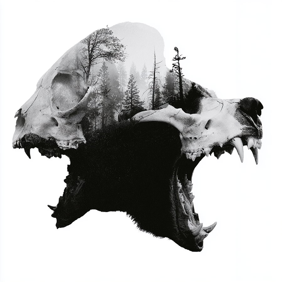 Black and white double exposure image combining a bear's skull and an open mouth with a forest of trees inside the skull silhouette