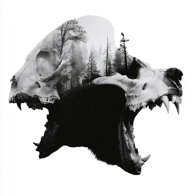 Double Exposure Artwork Featuring Bear Skull and Forest Landscape