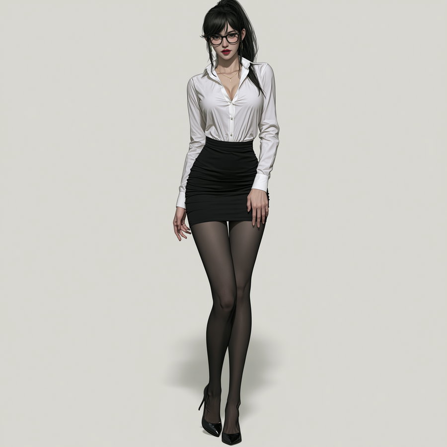 Digital illustration of a woman standing against a plain background, wearing a white button-up shirt, black high-waisted skirt, black sheer stockings, black high heels, and glasses, with her hair tied back.