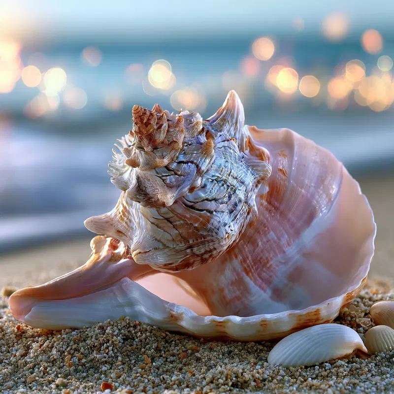 Close-up of detailed seashells on sandy beach with ocean background