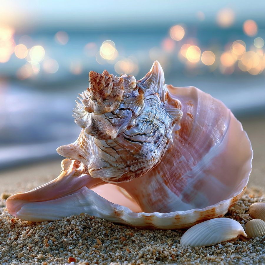 A detailed large seashell and smaller shells on sandy beach with the ocean and bokeh light effects in the background