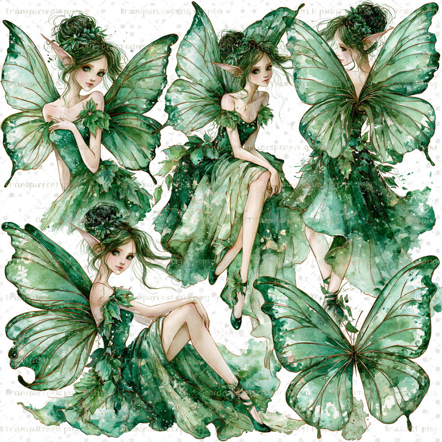 Multiple watercolor illustrations of a fairy character with green butterfly wings and a green leafy dress shown in different poses