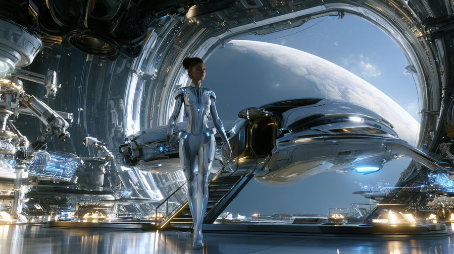 A woman in a shiny white and blue futuristic space suit standing beside a sleek silver spaceship with a planetary view visible through a large space station window