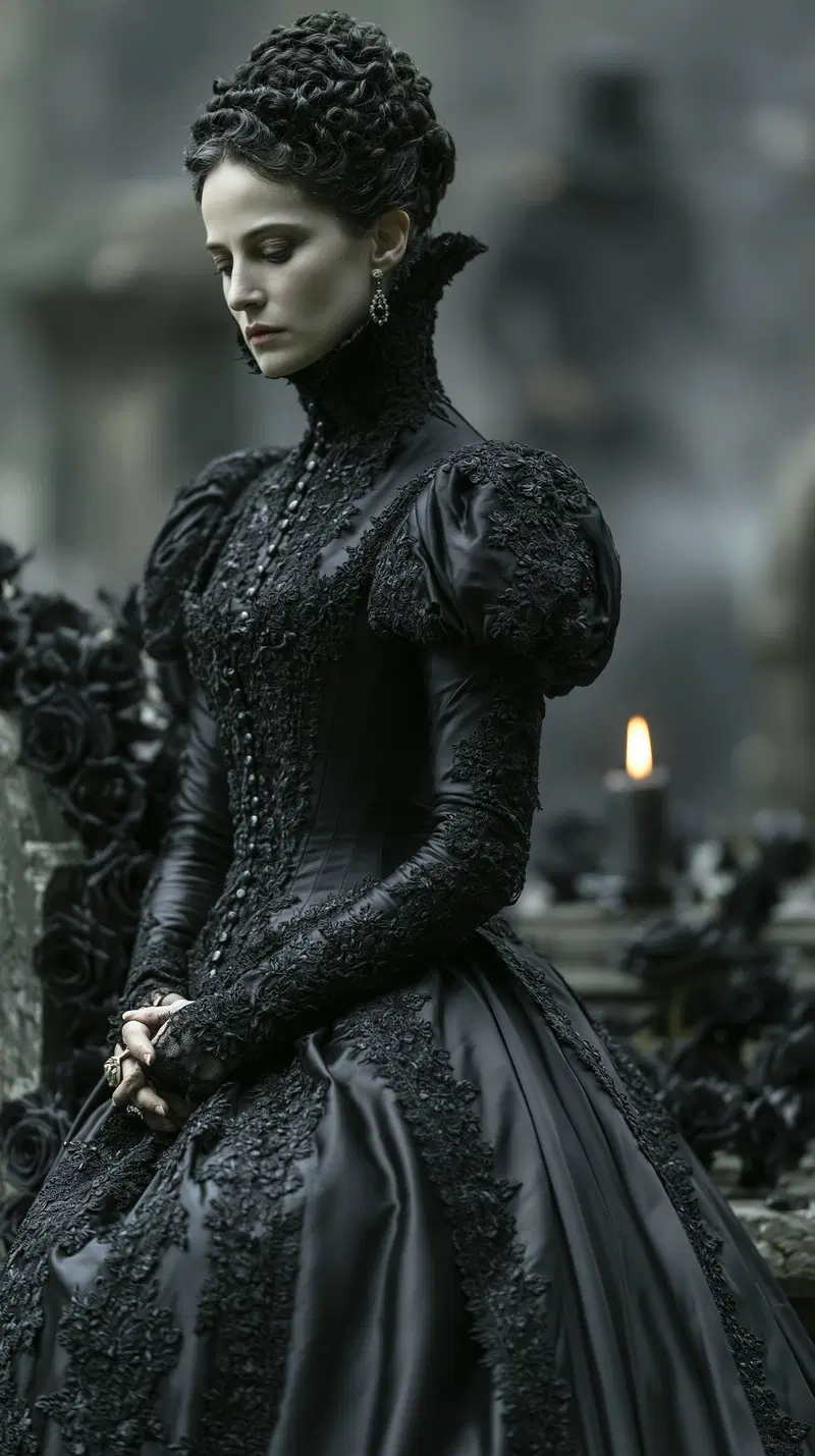 Elegant black Victorian-style costume dress with intricate lace details and puffed sleeves