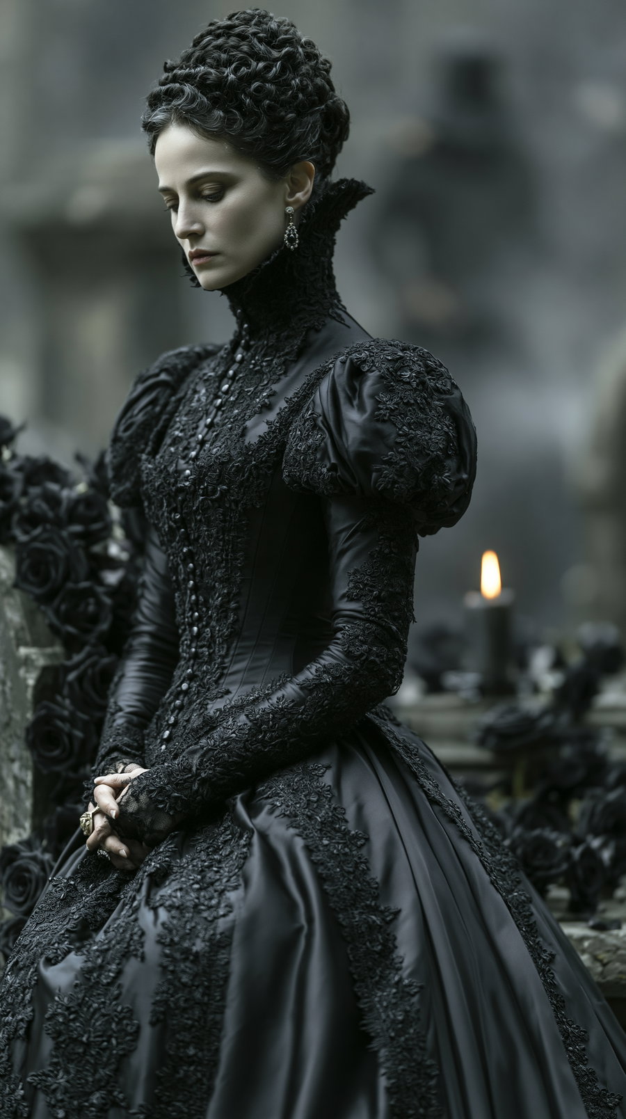 Woman wearing an elaborate black Victorian-style dress with intricate lace patterns and puffed sleeves, standing with hands clasped, background featuring black roses and a lit candle.