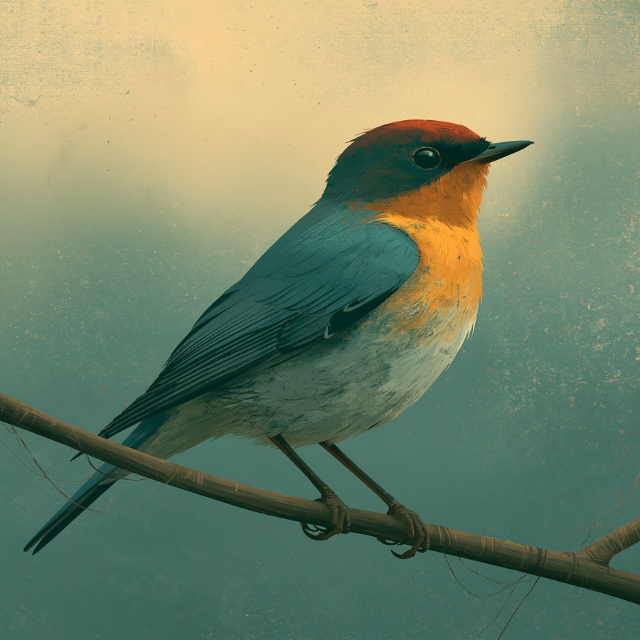 A digital artwork featuring a small bird with a red head, yellow chest, and blue wings sitting on a thin branch against a textured background.