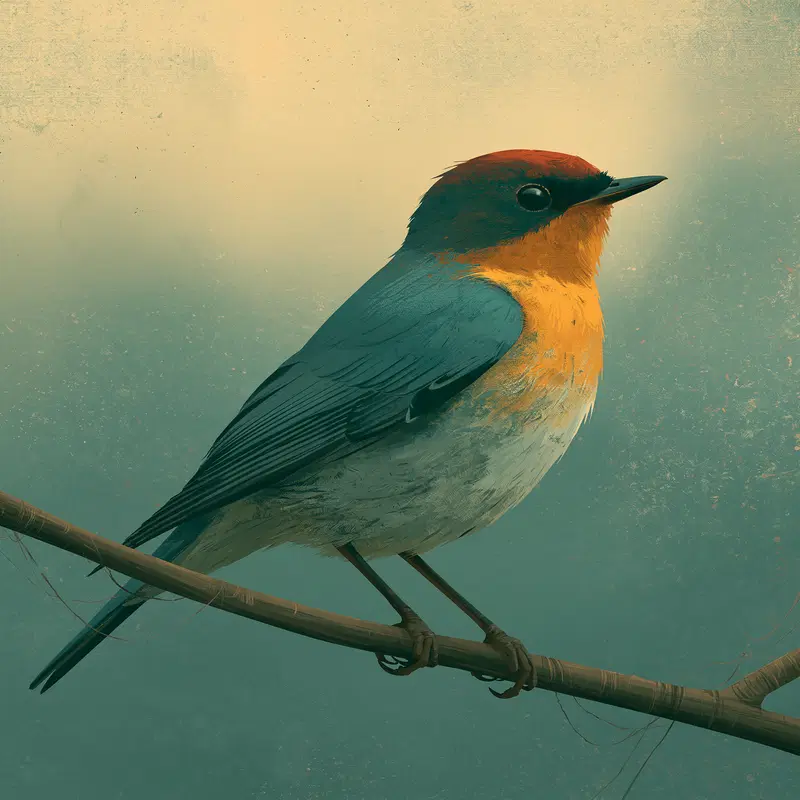Digital painting of a small colorful bird perched on a branch