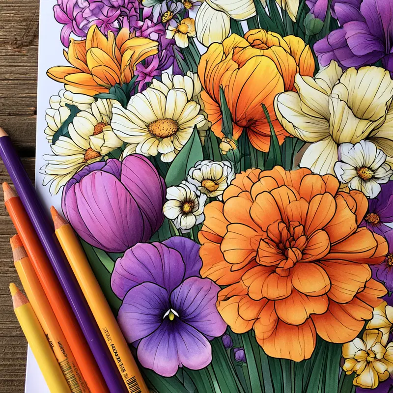 Detailed botanical illustration of vibrant spring flowers in various colors