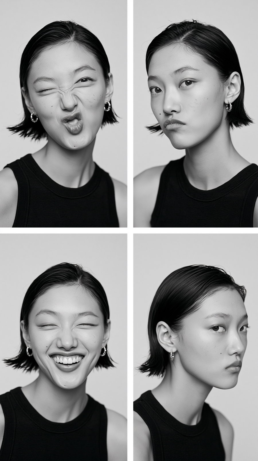 Four black and white close-up portraits of a young woman wearing earrings and a sleeveless top, showing different facial expressions and angles