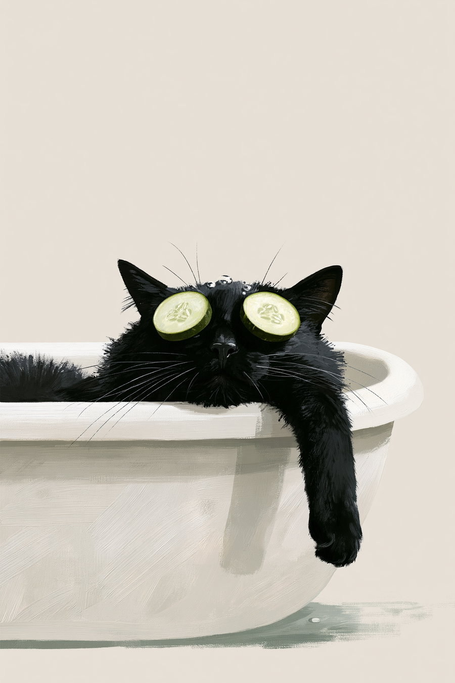 Illustration of a black cat lying in a white bathtub with cucumber slices on its eyes and water droplets on its head