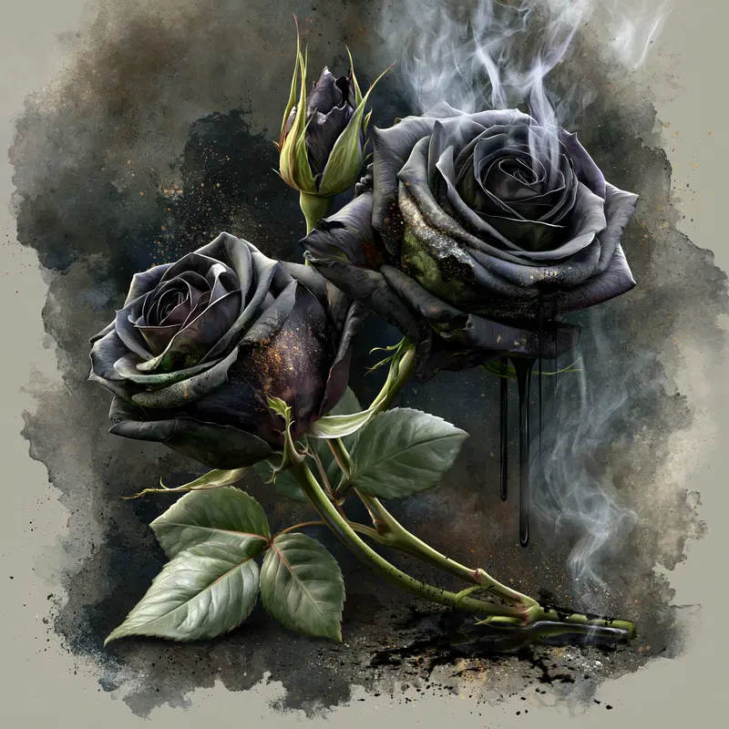Dark digital painting of black roses with dripping effects and smoke