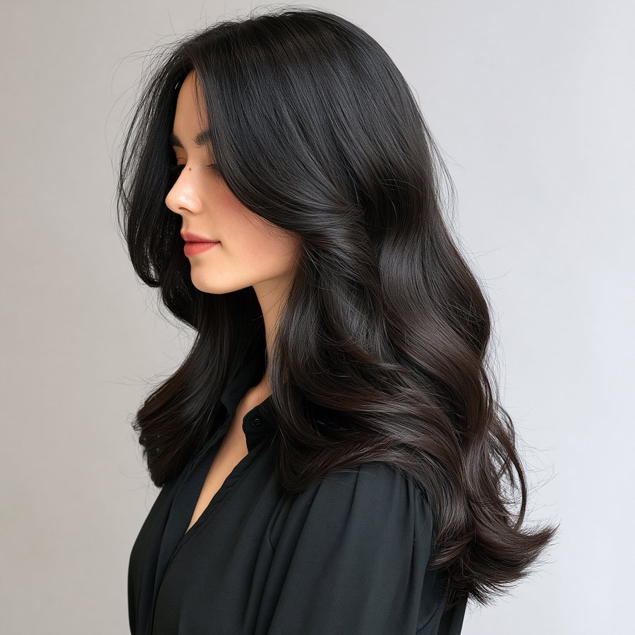 Side view of a young woman with long, voluminous wavy dark hair wearing a black top against a neutral background
