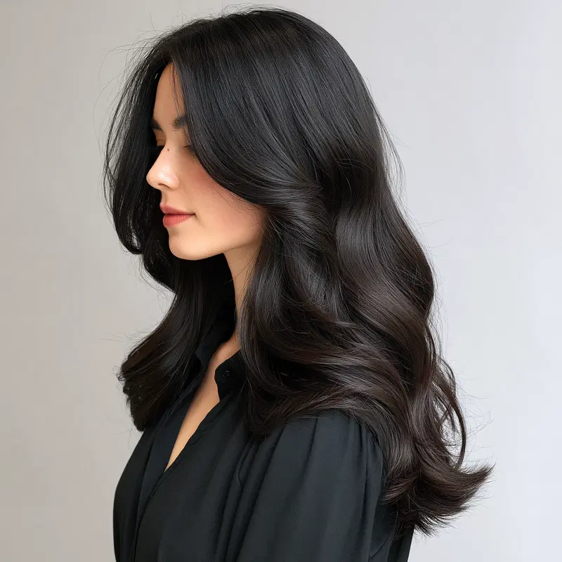 Profile portrait of a young woman with long wavy dark hair in black